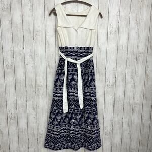Vintage Beeline Fashions Blue White Cotton Maxi Dress Petite L Empire Waist Boho